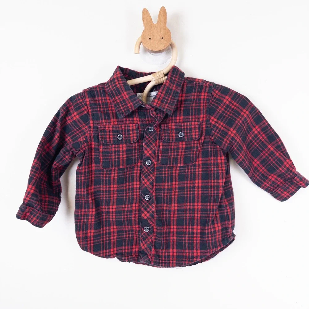 Ralph Lauren Button Down‎ Shirt Kids 9M Red Black Plaid Flannel Long Sleeve